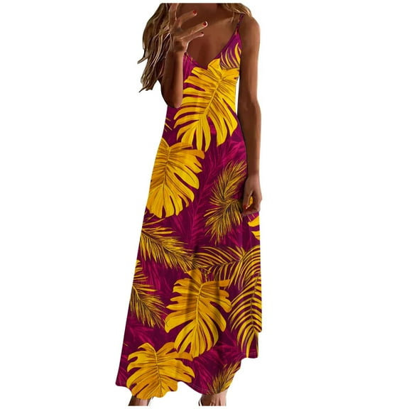 Dvprdro Womens Summer Boho Dress Fashion Floral Printed V Neck Spaghetti Strap Flowy Casual Loose Beach Sun Long Maxi Dress