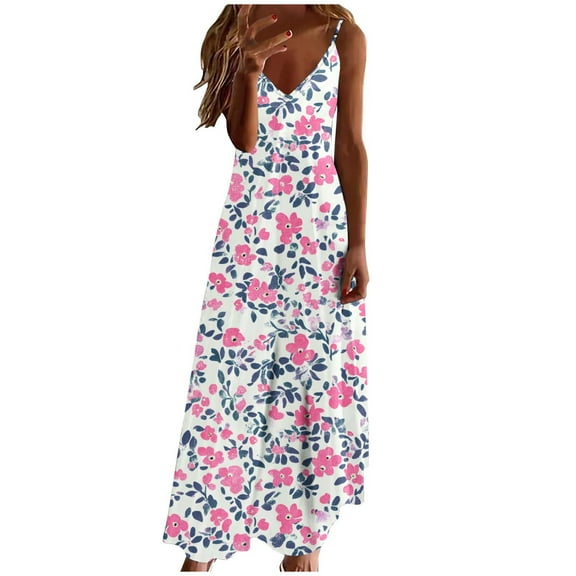 Dvprdro Womens Summer Boho Dress Fashion Floral Printed V Neck Spaghetti Strap Flowy Casual Loose Beach Sun Long Maxi Dress