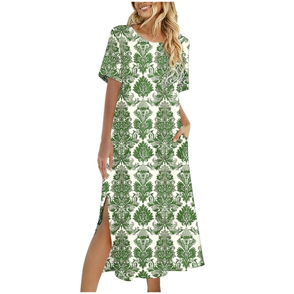 Dvprdro Womens Summer Boho Maxi Dress Fashion Floral Printed Crew Neck Short Sleeve Side Split A Line Flowy Casual Loose Beach Sun Long Dress