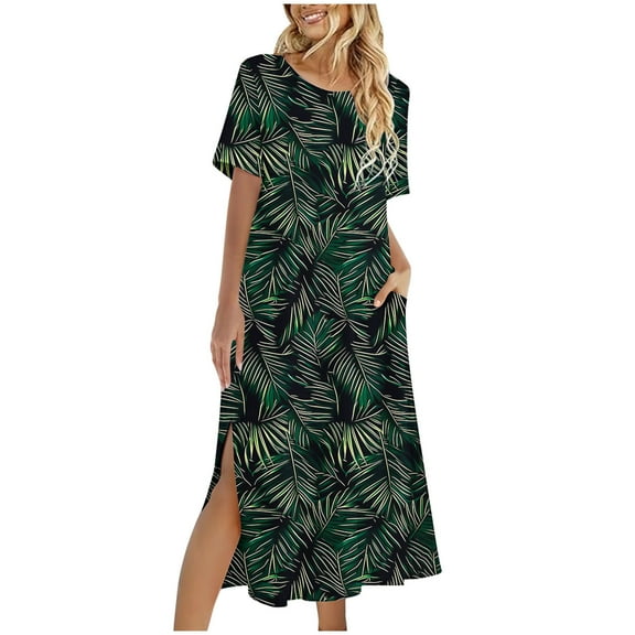 Dvprdro Womens Summer Boho Maxi Dress Fashion Floral Printed Crew Neck Short Sleeve Side Split A Line Flowy Casual Loose Beach Sun Long Dress