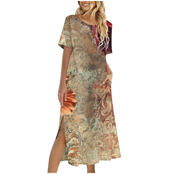 Dvprdro Womens Summer Boho Maxi Dress Fashion Floral Printed Crew Neck Short Sleeve Side Split A Line Flowy Casual Loose Beach Sun Long Dress