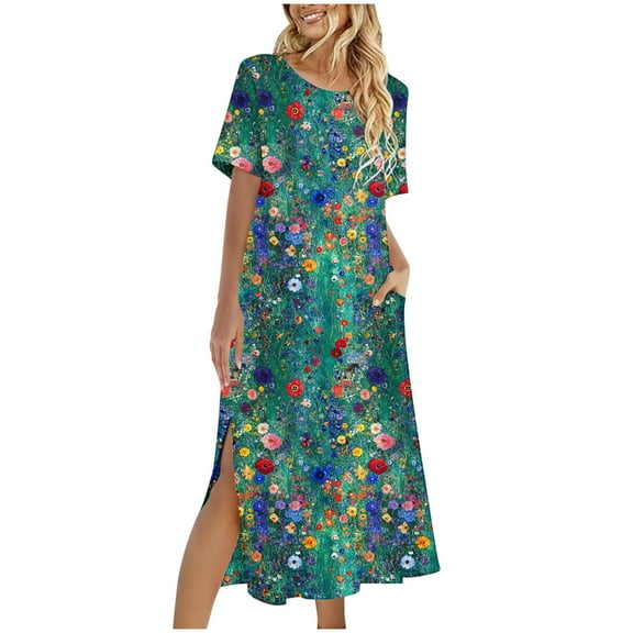 Dvprdro Womens Summer Boho Maxi Dress Fashion Floral Printed Crew Neck Short Sleeve Side Split A Line Flowy Casual Loose Beach Sun Long Dress