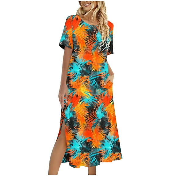 Dvprdro Womens Summer Boho Maxi Dress Fashion Floral Printed Crew Neck Short Sleeve Side Split A Line Flowy Casual Loose Beach Sun Long Dress
