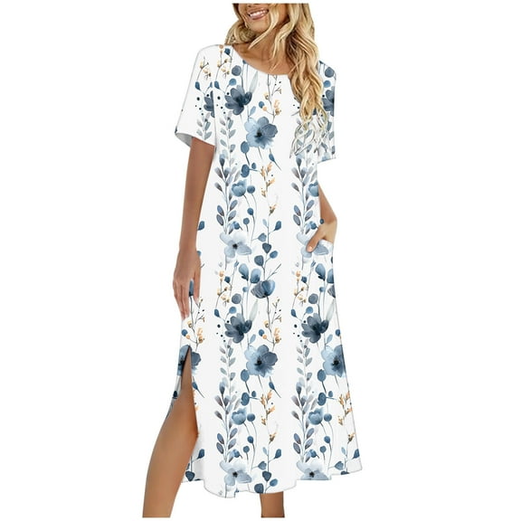 Dvprdro Womens Summer Boho Maxi Dress Fashion Floral Printed Crew Neck Short Sleeve Side Split A Line Flowy Casual Loose Beach Sun Long Dress