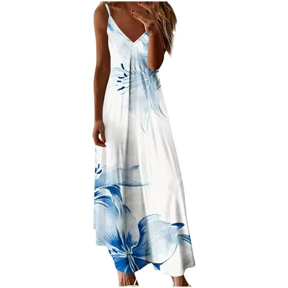 Dvprdro Womens Summer Boho Spaghetti Strap Dress Fashion Colorblock Floral V Neck Tiered Pleated Flowy A Line Casual Loose Beach Sun Long Maxi Dress