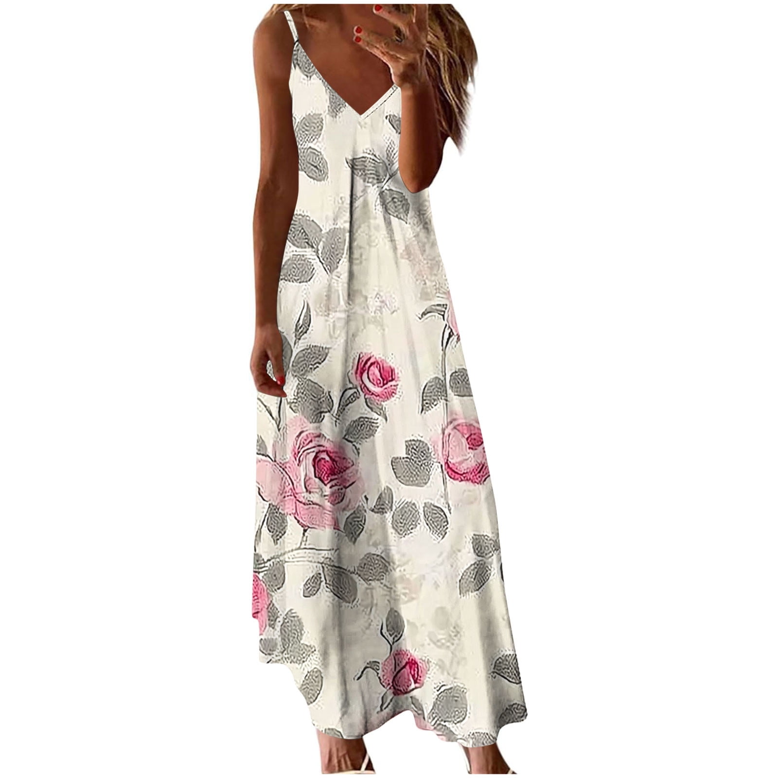 Simple Fashion Beige Floral Design A-line Beach Holiday Spaghetti Strap Dress, DP5947