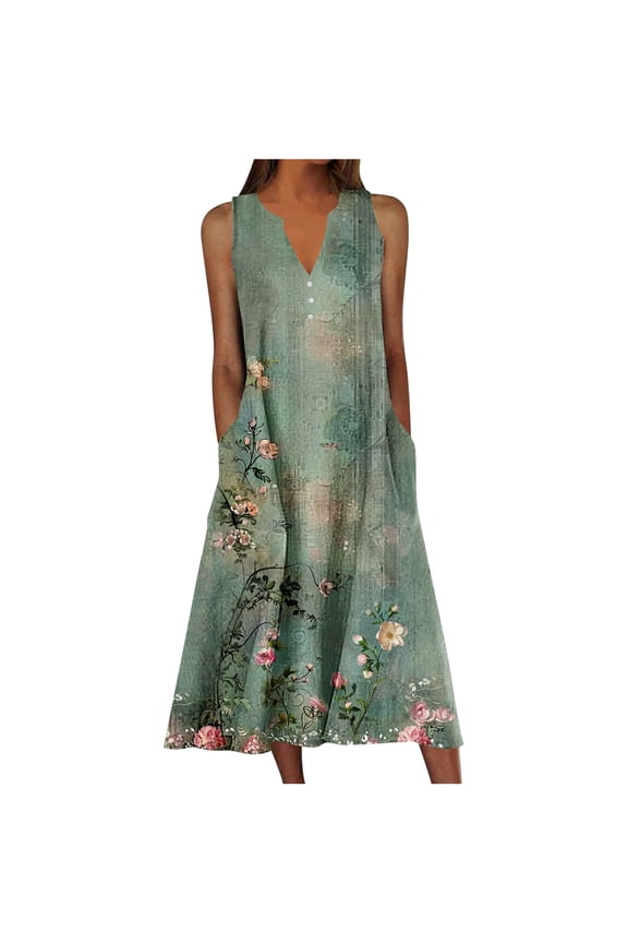 Womens Summer Boho Tank Dress Fashion Floral Printed Button V Neck Sleeveless Flowy Casual Loose Beach Sun Midi Dress