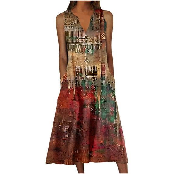 Dvprdro Womens Summer Boho Tank Dress Fashion Floral Printed Button V Neck Sleeveless Flowy Casual Loose Beach Sun Midi Dress
