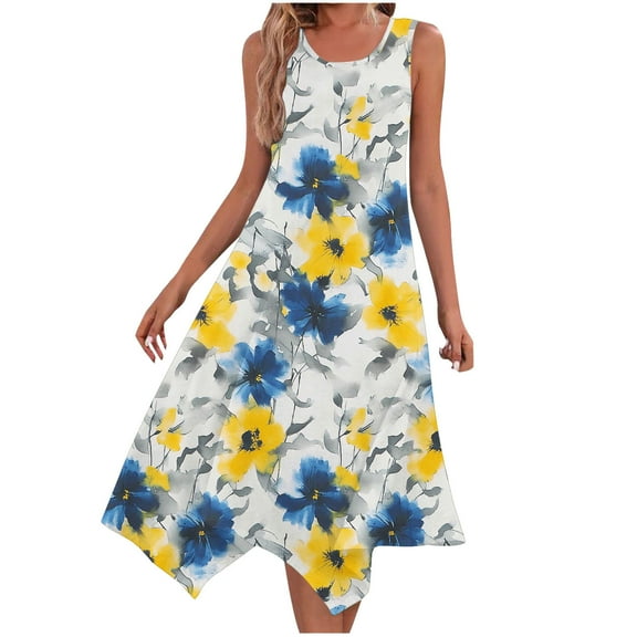 Dvprdro Womens Summer Boho Tank Dress Fashion Floral Printed Crew Neck Sleeveless Flowy Casual Loose Beach Sun Midi Dress