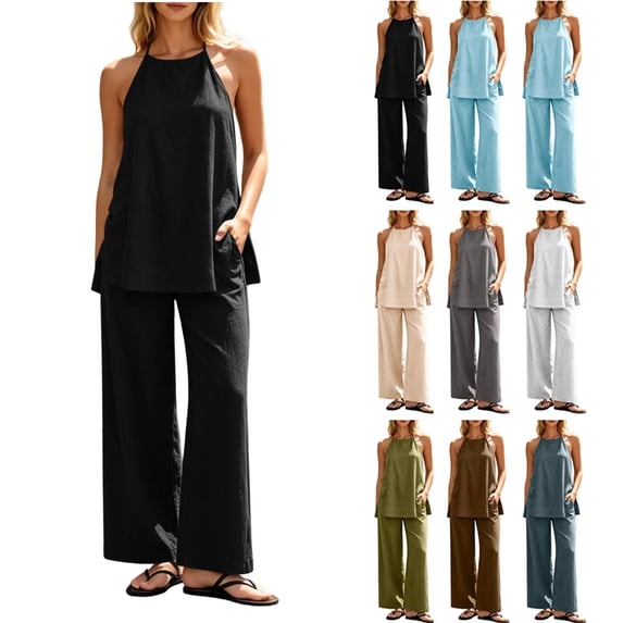 Dvprdro Womens Summer Casual Set Crewneck Sleeveless Back Tie Top Elastic Waist Wide Leg Pants Side Pockets 2 Piece