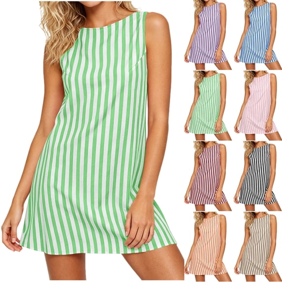 Dvprdro Womens Summer Casual Striped Dress Crewneck Sleeveless Back Zipper Mini Dress