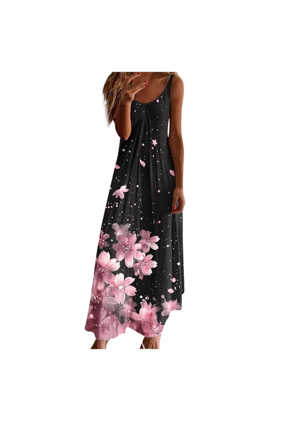 Womens Summer Plus Size Dress Fashion Floral Printed V Neck Spaghetti Strap Flowy Boho A Line Dress Casual Loose Beach Sun Long Maxi Dress