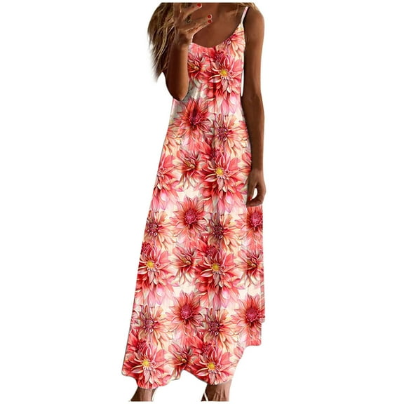 Dvprdro Womens Summer Plus Size Dress Fashion Floral Printed V Neck Spaghetti Strap Flowy Boho A Line Dress Casual Loose Beach Sun Long Maxi Dress