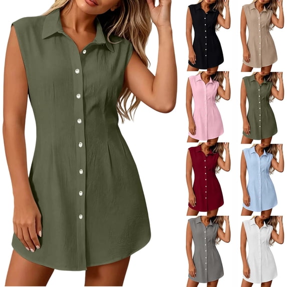 Dvprdro Womens Summer Solid Collared Sleeveless Button Front Slim Fit A Line Mini Dress Casual Work