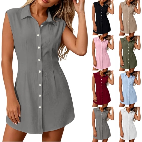 Dvprdro Womens Summer Solid Collared Sleeveless Button Front Slim Fit A Line Mini Dress Casual Work