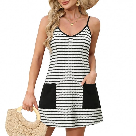 Dvprdro Womens Summer Striped Contrast Spaghetti Strap Pockets Loose A Line Mini Dress Casual Beach