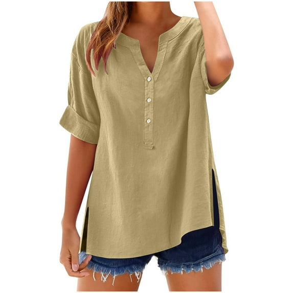 Dvprdro Womens Summer Tops Casual Imitation Cotton Linen V Neck Short Sleeve Button Down Side Split Solid Color Tunic Blouse Lightweight T-Shirt Pullover