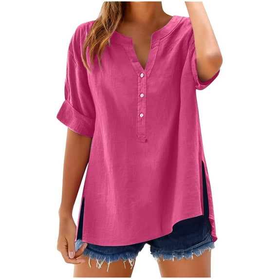 Dvprdro Womens Summer Tops Casual Imitation Cotton Linen V Neck Short Sleeve Button Down Side Split Solid Color Tunic Blouse Lightweight T-Shirt Pullover