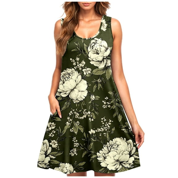 Dvprdro Womens Sundress Summer Fashion Floral Printed Crew Neck Sleeveless Flowy Boho A Line Tank Casual Loose Beach Mini Dress