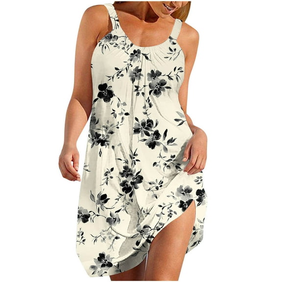 Dvprdro Womens Sundress Summer Fashion Floral Printed Crew Neck Spaghetti Strap Pleated Boho Casual Loose Beach Sun Mini Dress
