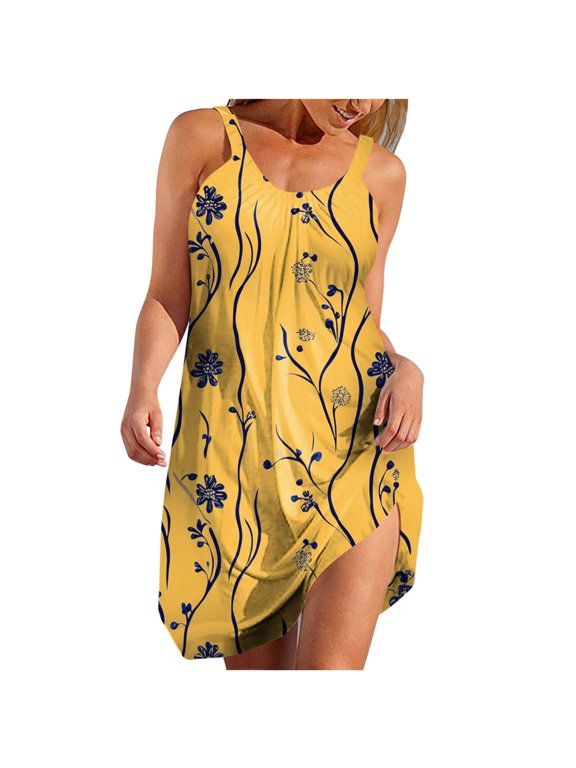Womens Sundress Summer Fashion Floral Printed Crew Neck Spaghetti Strap Pleated Boho Casual Loose Beach Sun Mini Dress