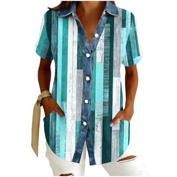 Dvprdro Womens Textured Knit Denim Patchwork Shirt Short Sleeve Collared Button Front Loose Fit Summer Casual Tops