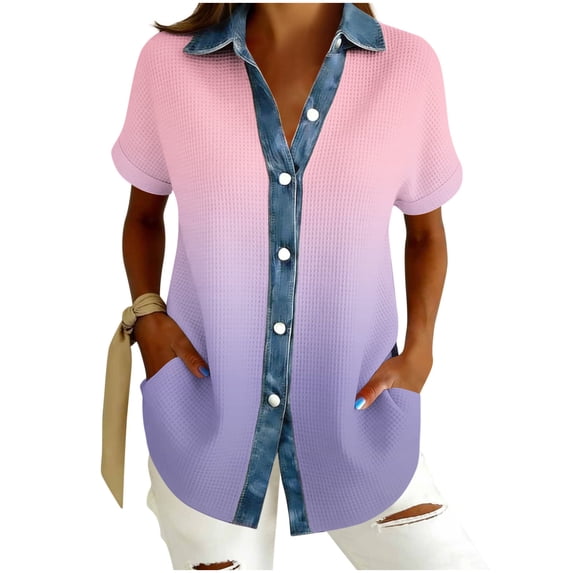 Dvprdro Womens Textured Knit Denim Patchwork Shirt Short Sleeve Collared Button Front Loose Fit Summer Casual Tops
