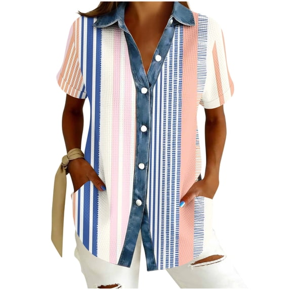 Dvprdro Womens Textured Knit Denim Patchwork Shirt Short Sleeve Collared Button Front Loose Fit Summer Casual Tops