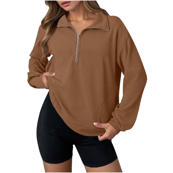 Dvprdro Womens Trendy Sweatshirt Fashion Oversized Lapel Zipper Waffle Knit Pullover Blouse Tops Ladies Loose Fit Long Sleeve Temperament Sweat Shirts with Pocket