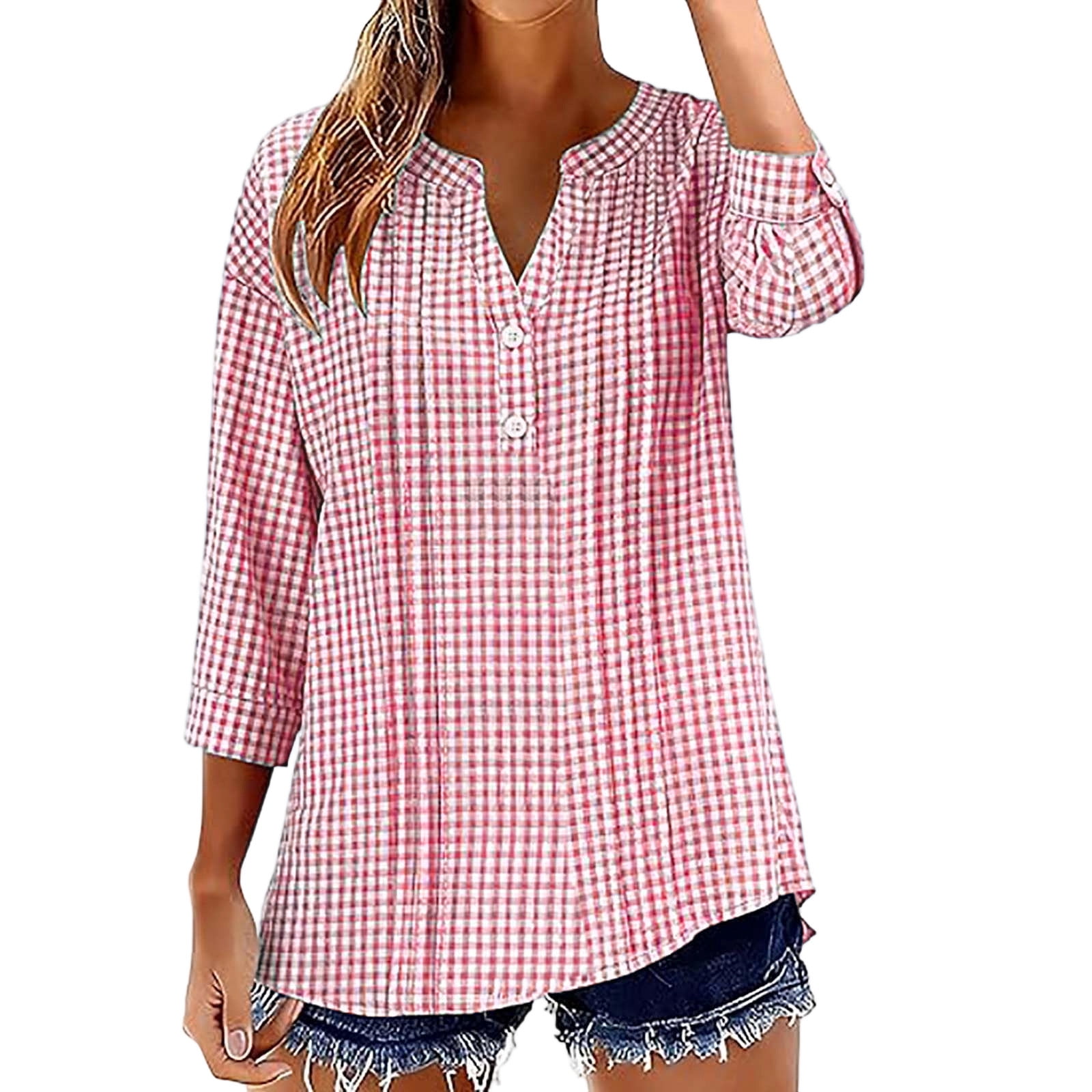 Dvprdro Womens V Neck 3/4 Sleeve Plaid Blouses Cotton Linen Button ...
