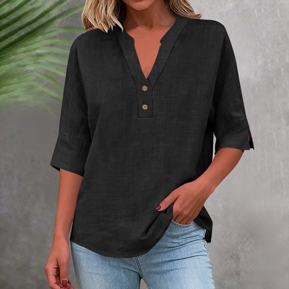Dvprdro Womens V Neck 3/4 Sleeve Tunic Tops Cotton Linen Solid Button Detail Blouses Casual Loose Fit Summer Shirts