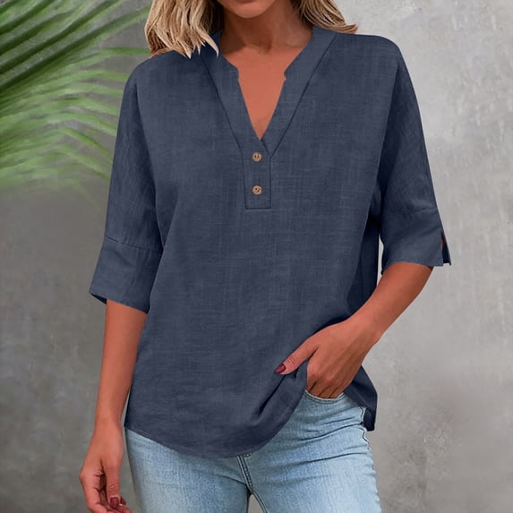 Dvprdro Womens V Neck 3/4 Sleeve Tunic Tops Cotton Linen Solid Button Detail Blouses Casual Loose Fit Summer Shirts