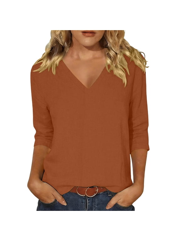 Womens V Neck Blouses 3/4 Sleeve Cotton Linen Tops Casual Solid Summer Shirts for Women