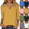 thumbnail image 1 of Dvprdro Womens V Neck Blouses 3/4 Sleeve Cotton Linen Tops Casual Solid Summer Shirts for Women, 1 of 7