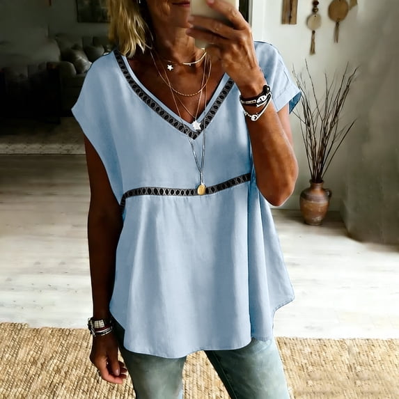 Dvprdro Womens V Neck Blouses 3/4 Sleeve Cotton Linen Tops with Lace Inserts Solid Color Flared Hem Casual Summer Shirts