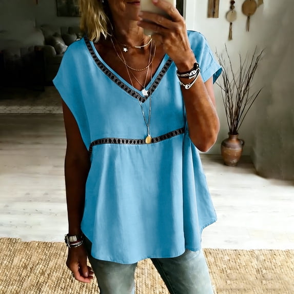 Dvprdro Womens V Neck Blouses 3/4 Sleeve Cotton Linen Tops with Lace Inserts Solid Color Flared Hem Casual Summer Shirts