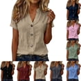 thumbnail image 1 of Dvprdro Womens V Neck Button Front Cotton Linen T Shirts Short Sleeve Solid Blouses Everyday Wear, 1 of 6