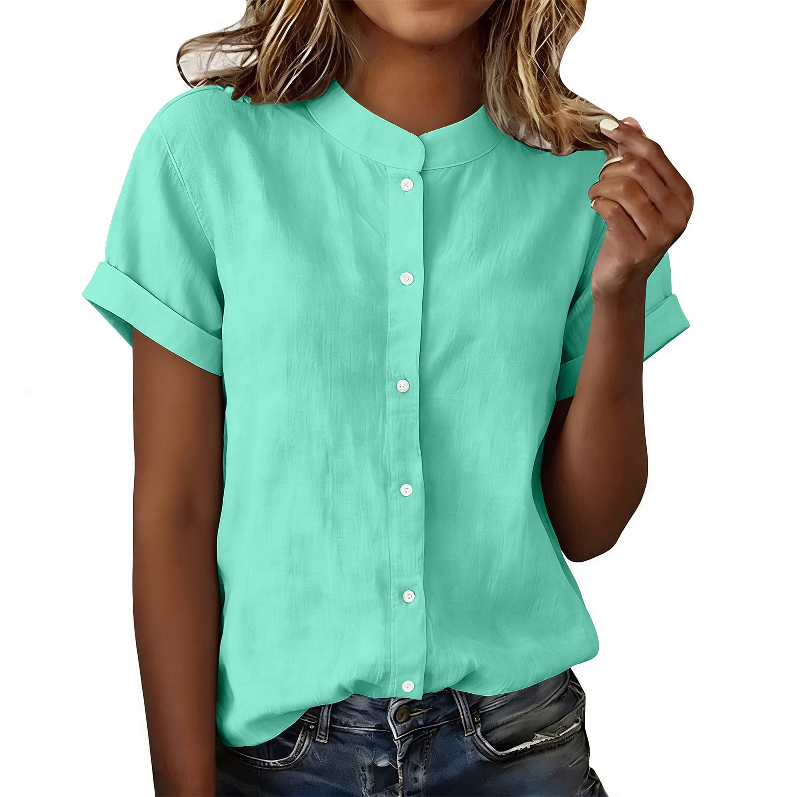 Dvprdro Womens V Neck Button Down Shirts Short Sleeve Cotton Linen ...