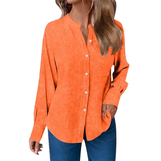 Dvprdro Womens V Neck Long Sleeve Button Down Shirts Cotton Solid Blouses Casual Loose Tops