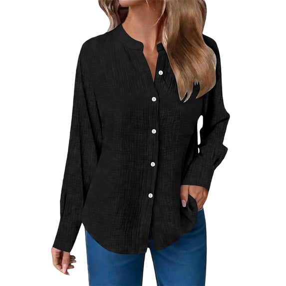 Dvprdro Womens V Neck Long Sleeve Button Down Shirts Cotton Solid Blouses Casual Loose Tops