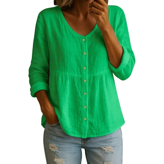 Dvprdro Womens V Neck Soild Tunic Blouse Long Sleeve Button Down Loose Fit Breathable Cotton Summer Shirt