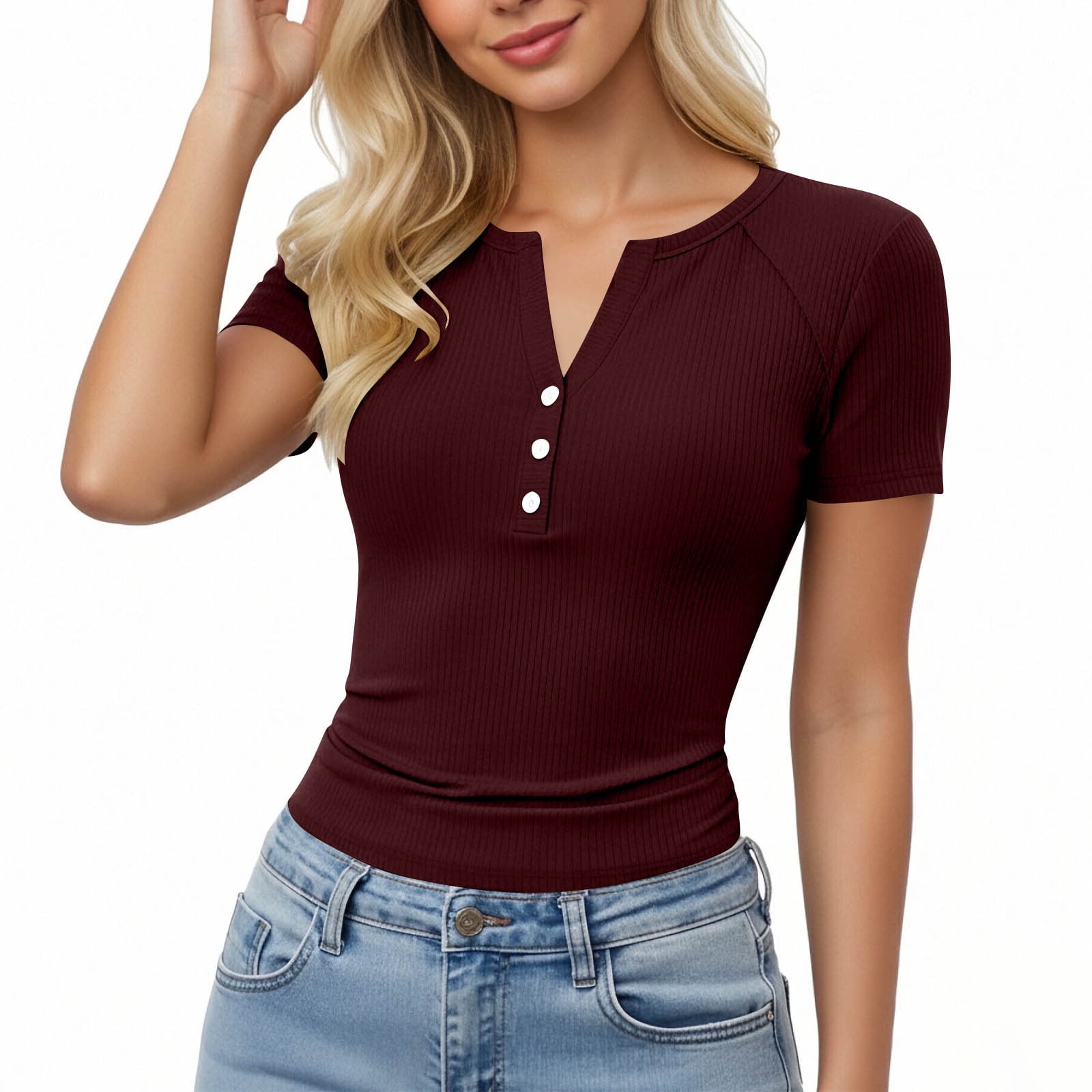 Dvprdro Womens V Neck Tops Short Sleeve Button Detail Solid Casual ...
