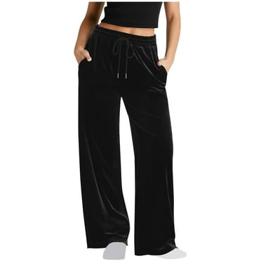 Dvprdro Womens Velvet Pants High Waisted Wide Leg Soft Palazzo Pants Causal Loose Flowy Trousers with Pockets Black M