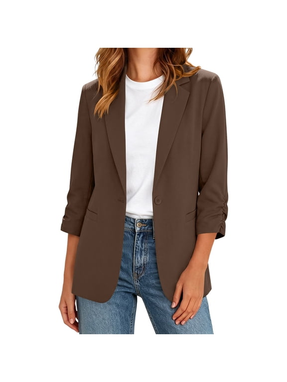 Womens Work Blazer 3/4 Sleeve Notch Lapel Open Front Casual Business Jacket with Pockets Office Outwear