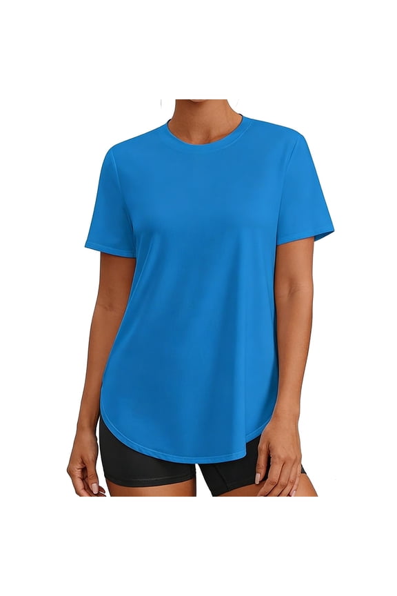 Womens Workout Crew Neck T Shirts Side Slit Short Sleeve Solid Loose Fit Breathable Summer Tees