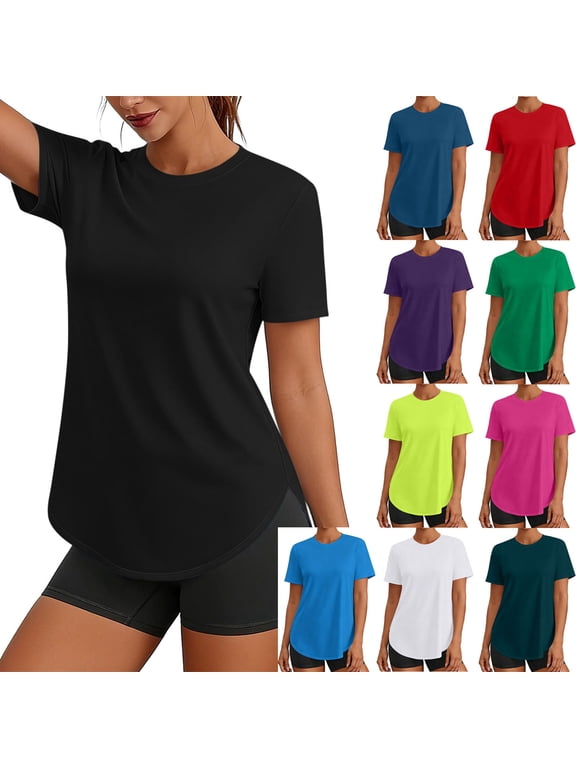 Womens Workout Crew Neck T Shirts Side Slit Short Sleeve Solid Loose Fit Breathable Summer Tees