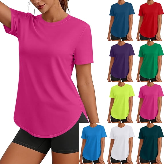 Dvprdro Womens Workout Crew Neck T Shirts Side Slit Short Sleeve Solid Loose Fit Breathable Summer Tees