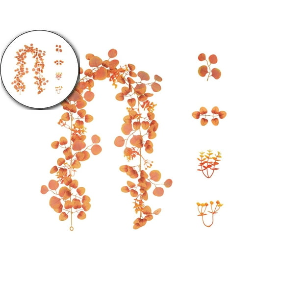 Dvruxg 5.7ft Artificial Fall Eucalyptus Leaves Garland Autumn Orange Hanging Garland with Roses, Fake Plant Rattan for Thanksgiving Mantle,Table Runner, Fireplace Party Decor
