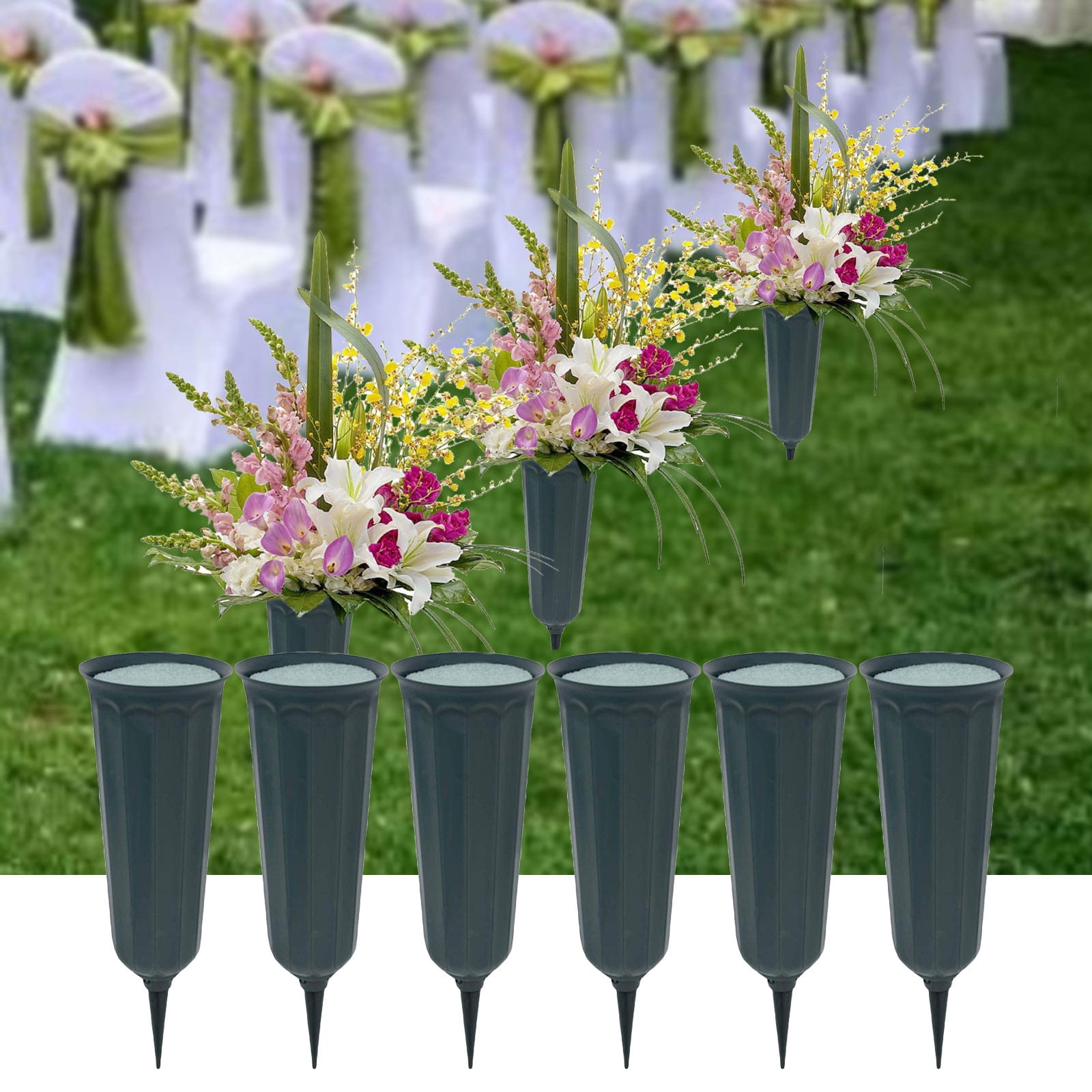 Dvruxg 6Pack Green Outdoor Ground Vases with Foam Memorial Flower