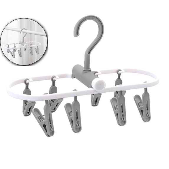Dvruxg Clothes Drying Hanger with 8 Clips, Folding Portable Hanging Drying Rack, Drip Foldable Hanging Rack, 360° Rotatable Hook for Drying Towels